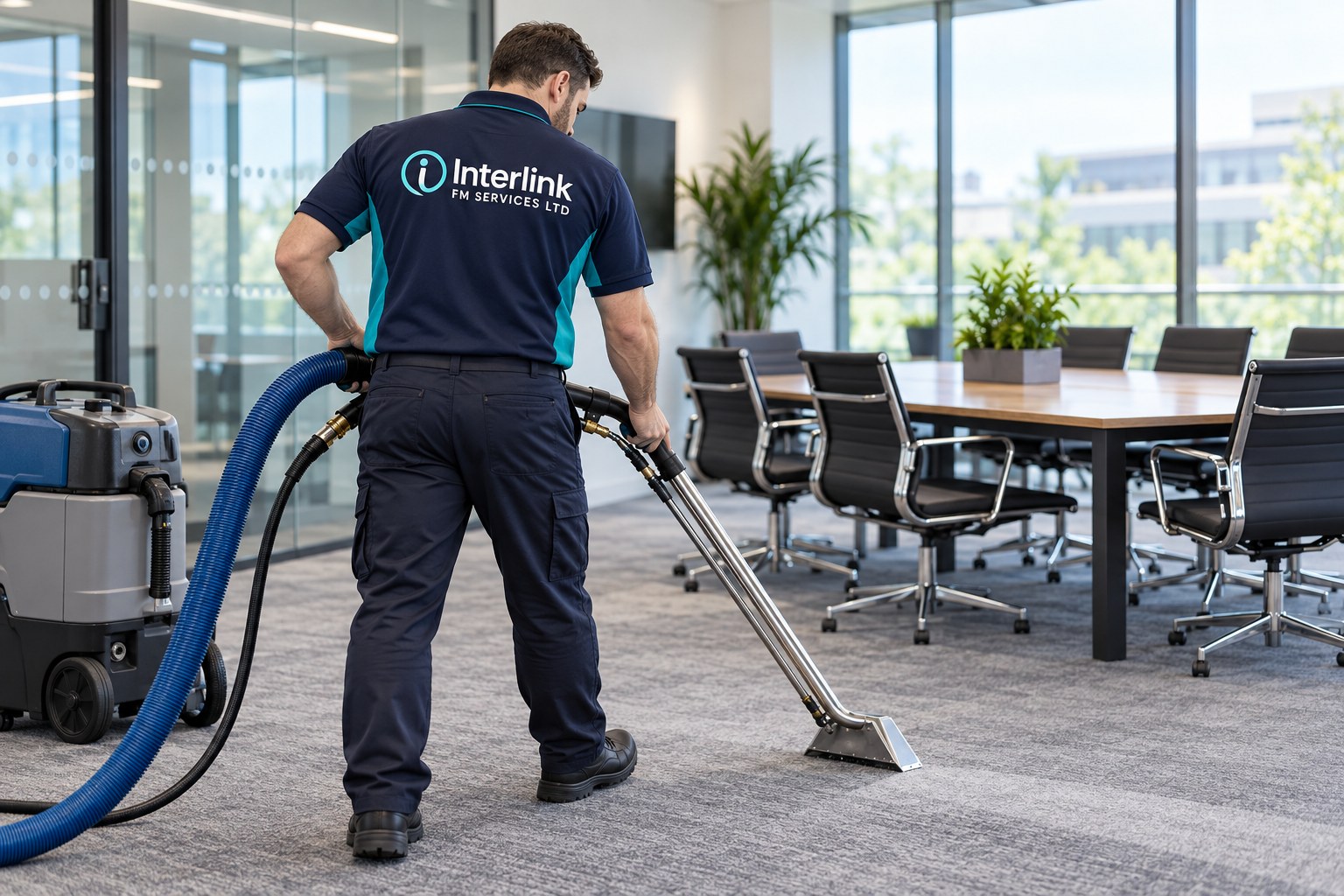AI-created promotional image of an Interlink operative cleaning a commercial carpet
