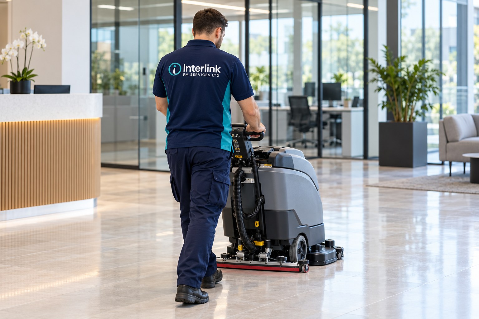 AI-created promotional image of a commercial cleaner in an Interlink uniform