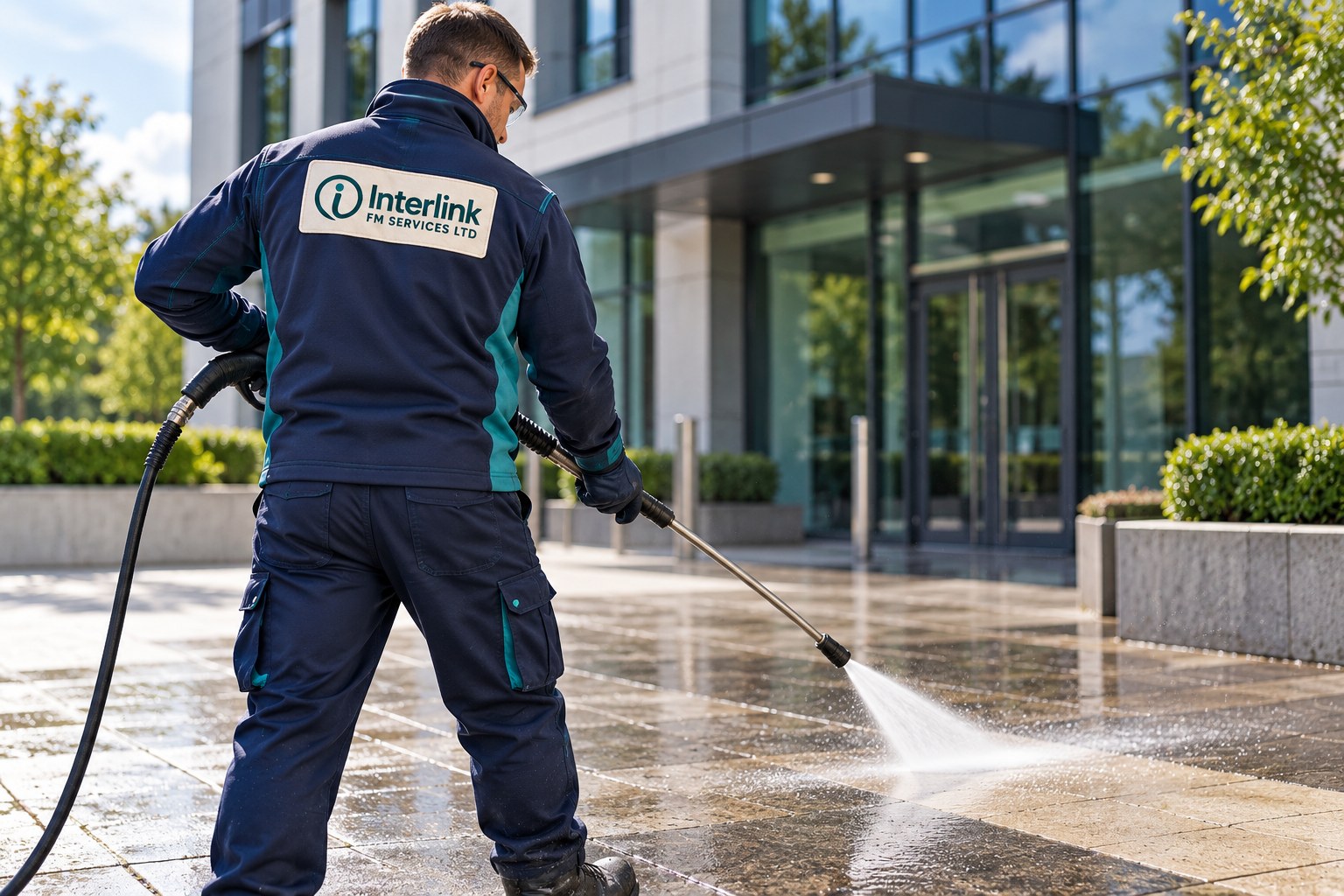 AI-created promotional image of a pressure washing operative wearing an Interlink uniform