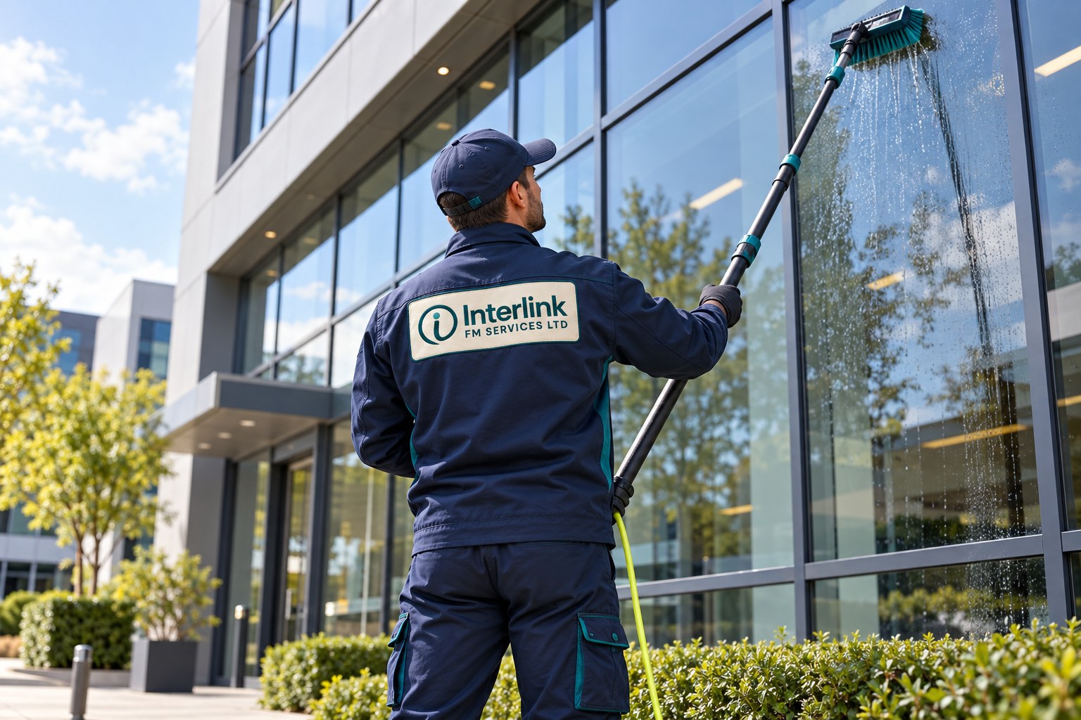 AI-created promotional image of a window cleaner wearing an Interlink uniform